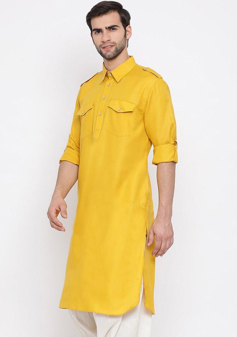 Mustard Solid Pathani Kurta For Men