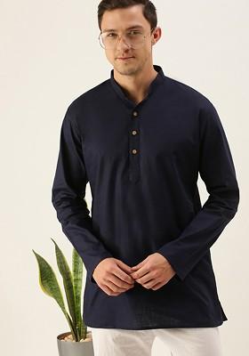 Navy Blue Solid Poly Blend Kurta For Men