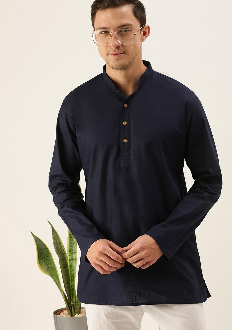 Navy Blue Solid Poly Blend Kurta For Men