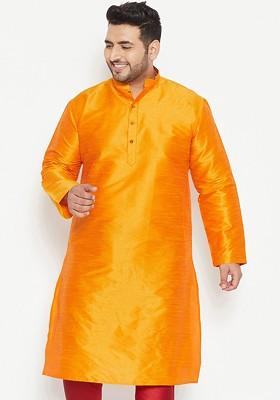 Orange Solid Poly Blend Kurta For Men