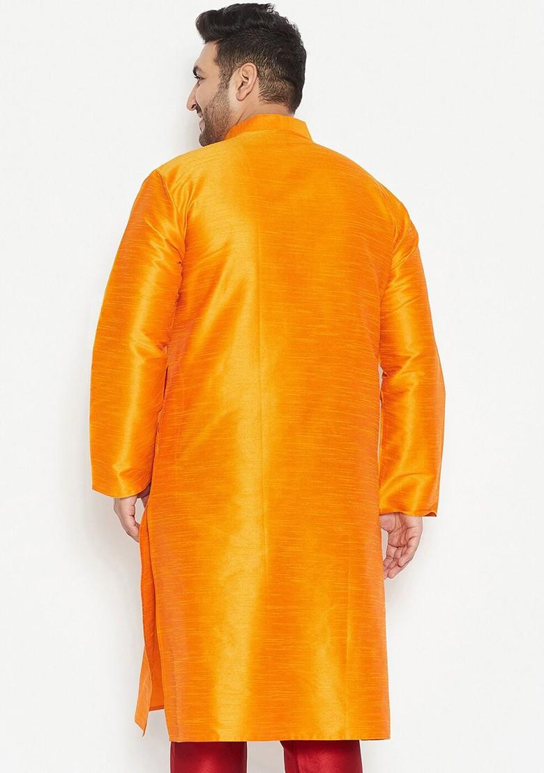 Orange Solid Poly Blend Kurta For Men