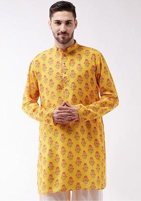 Mustard Ethnic Motifs Poly Blend Kurta For Men
