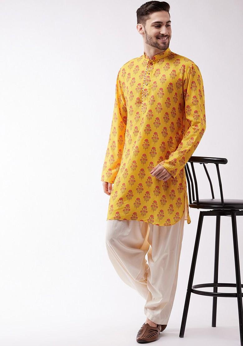 Mustard Ethnic Motifs Poly Blend Kurta For Men