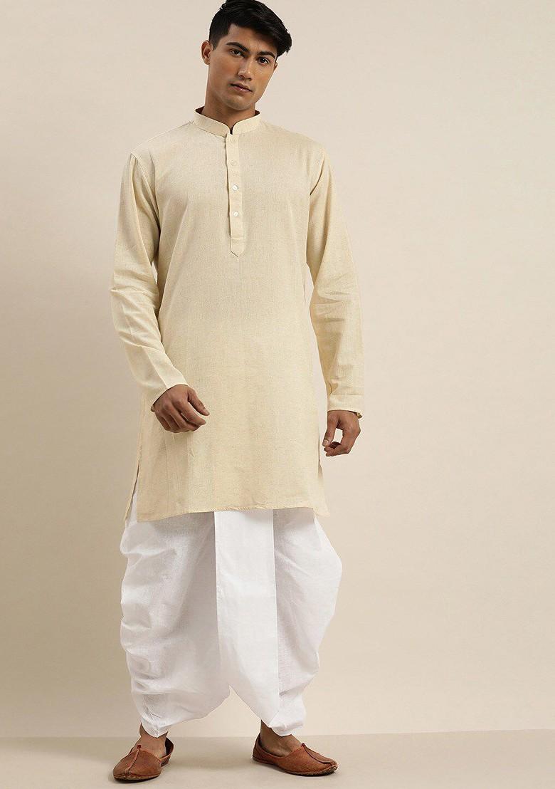 Cream Thread Work Poly Blend Kurta For Men
