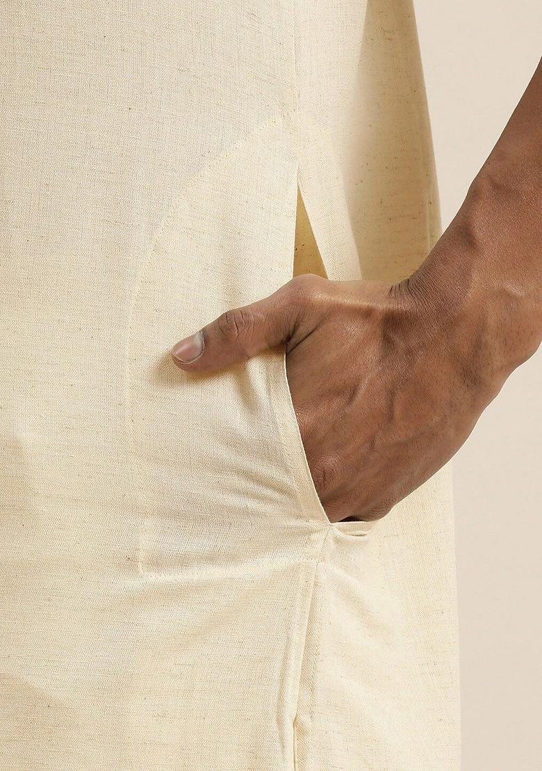 Cream Thread Work Poly Blend Kurta For Men