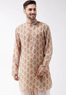 Beige Floral Print Poly Blend Kurta For Men