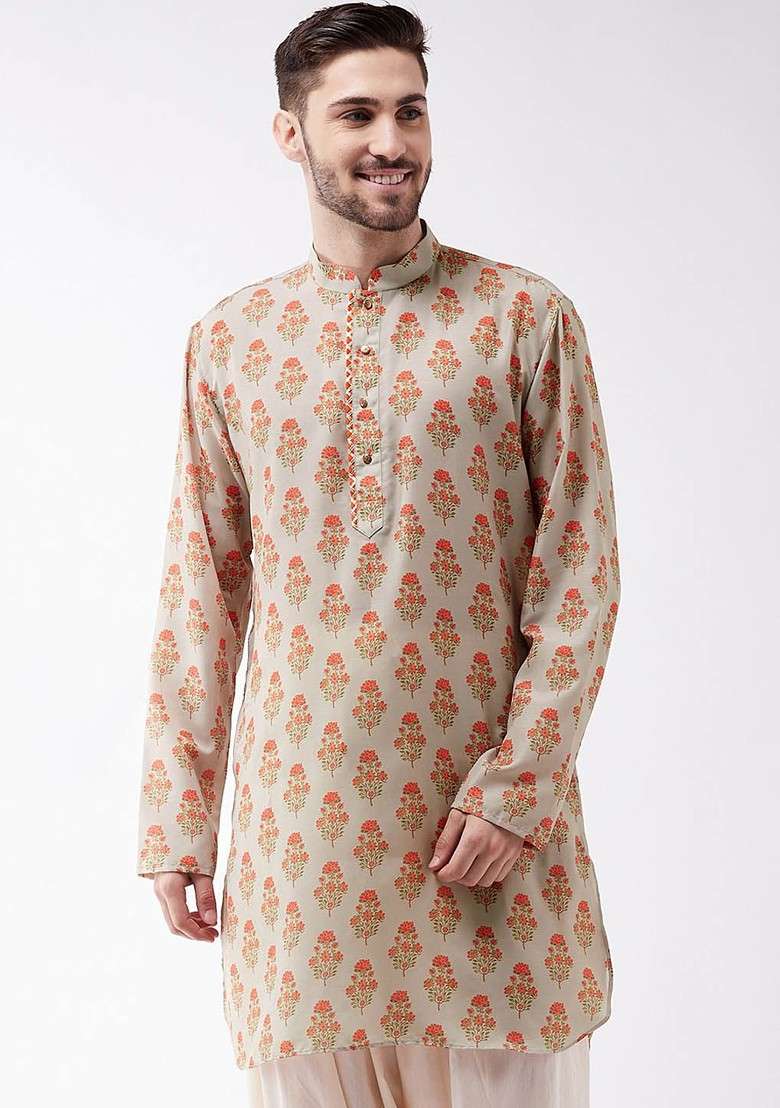 Beige Floral Print Poly Blend Kurta For Men - Indya