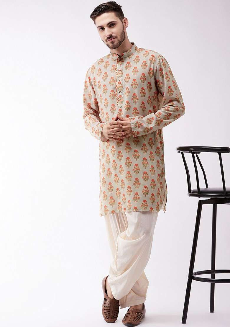 Beige Floral Print Poly Blend Kurta For Men - Indya