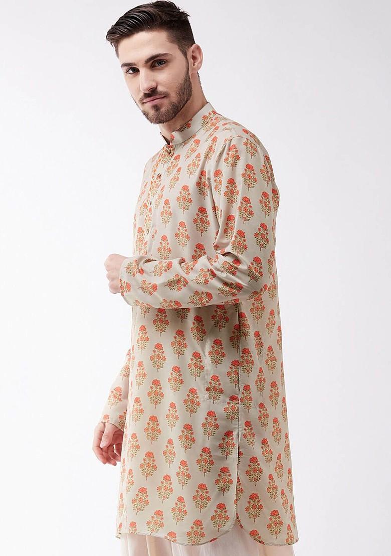 Beige Floral Print Poly Blend Kurta For Men