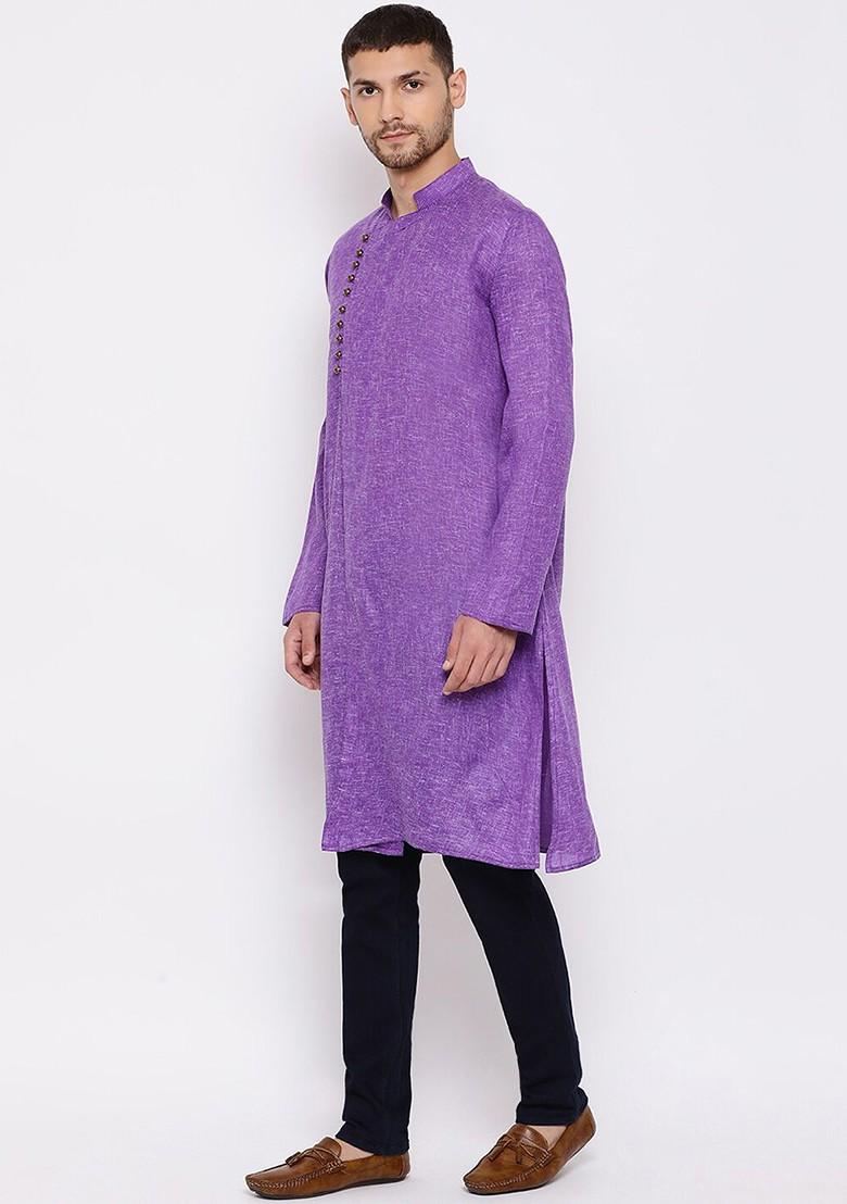 Purple Solid Cotton Kurta For Men