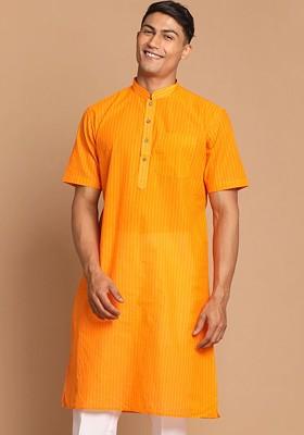 Orange Solid Cotton Kurta For Men
