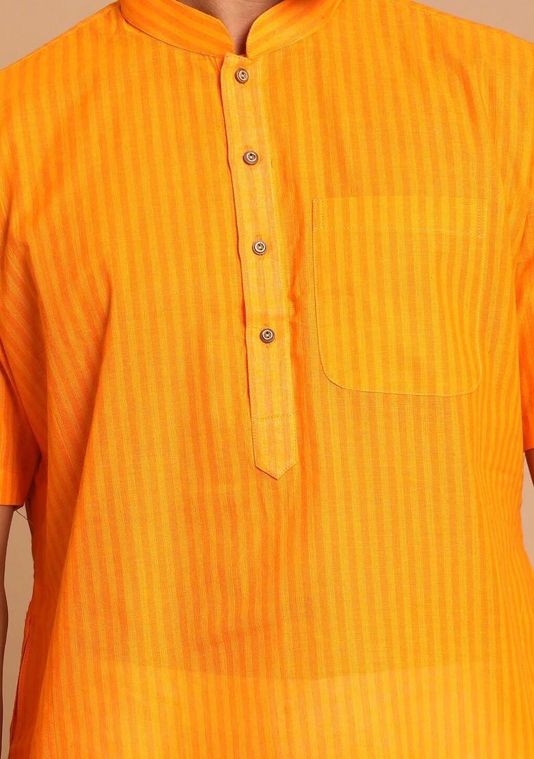 Orange Solid Cotton Kurta For Men