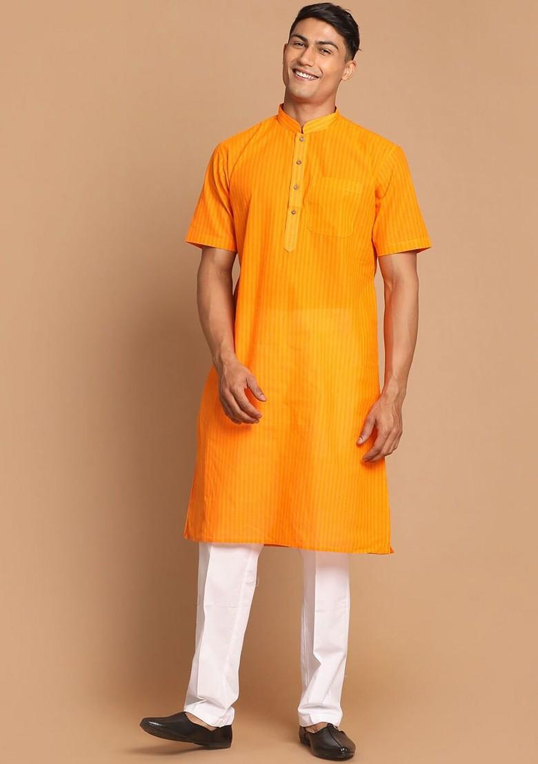 Orange Solid Cotton Kurta For Men