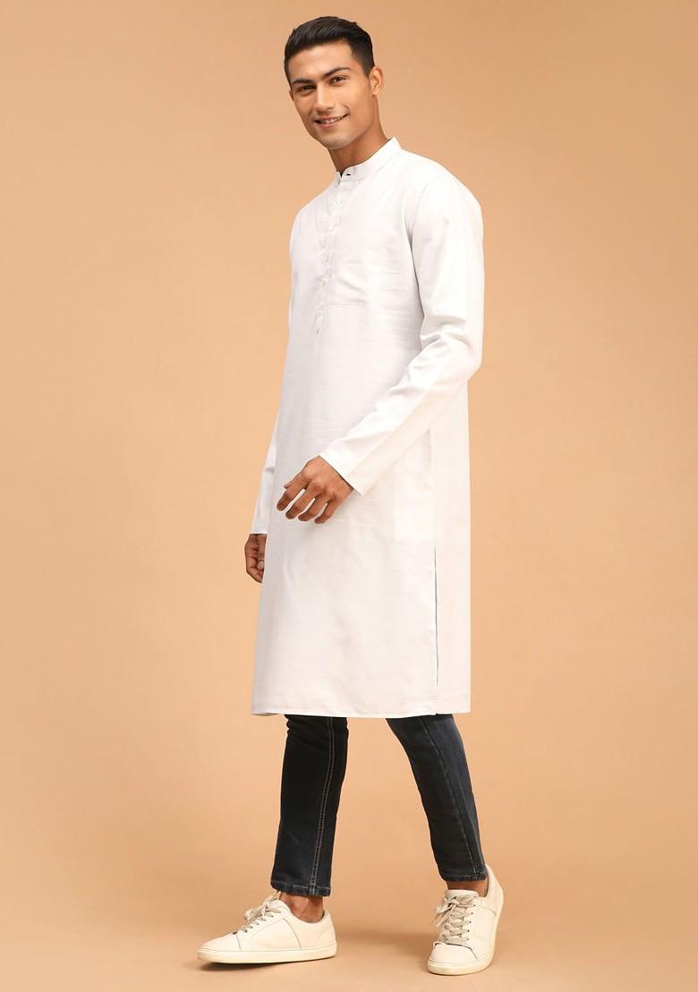 Grey Solid Cotton Kurta For Men