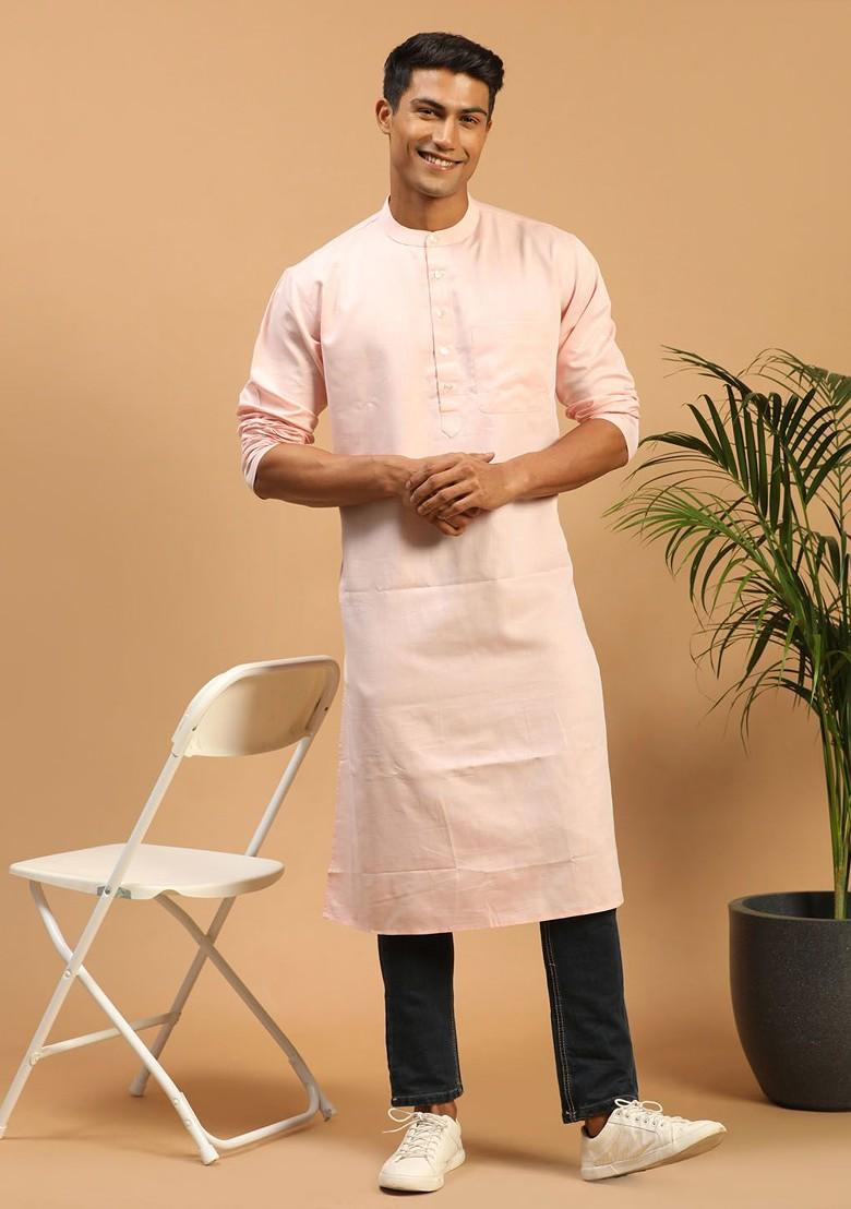 Orange Solid Cotton Kurta For Men