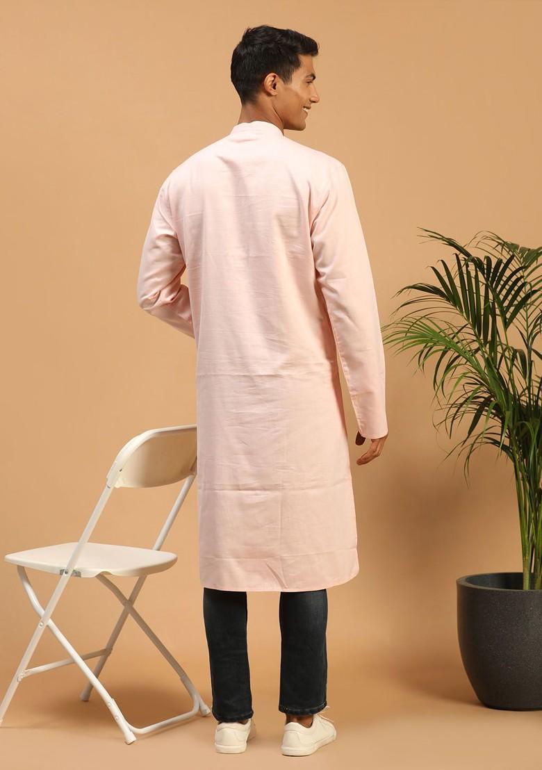 Orange Solid Cotton Kurta For Men