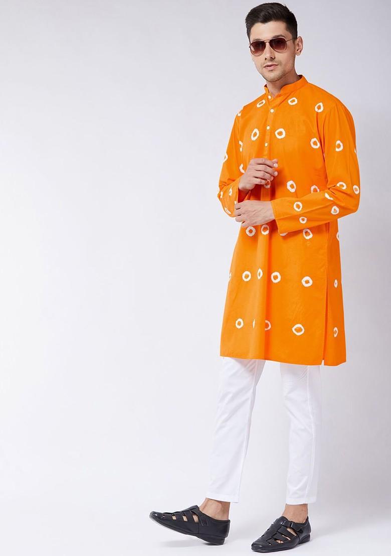 Orange Bandhani Print Cotton Kurta For Men