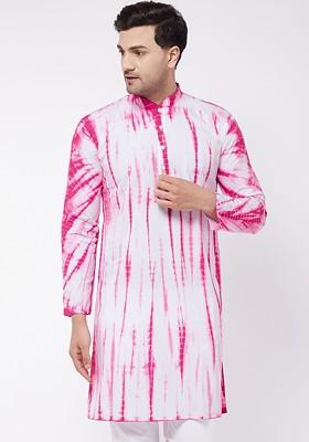 Pink Solid Poly Blend Kurta For Men
