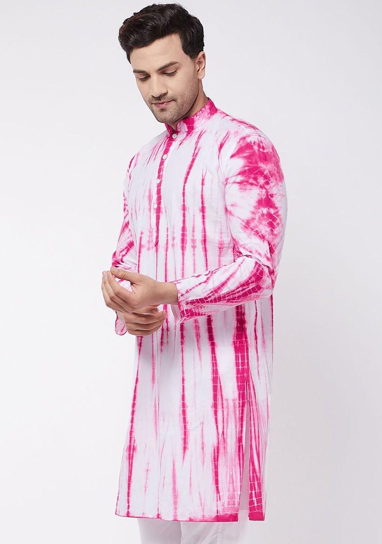 Pink Solid Poly Blend Kurta For Men