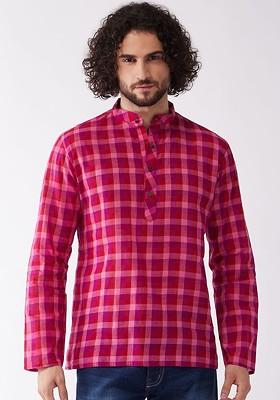 Pink Checked Poly Blend Kurta For Men