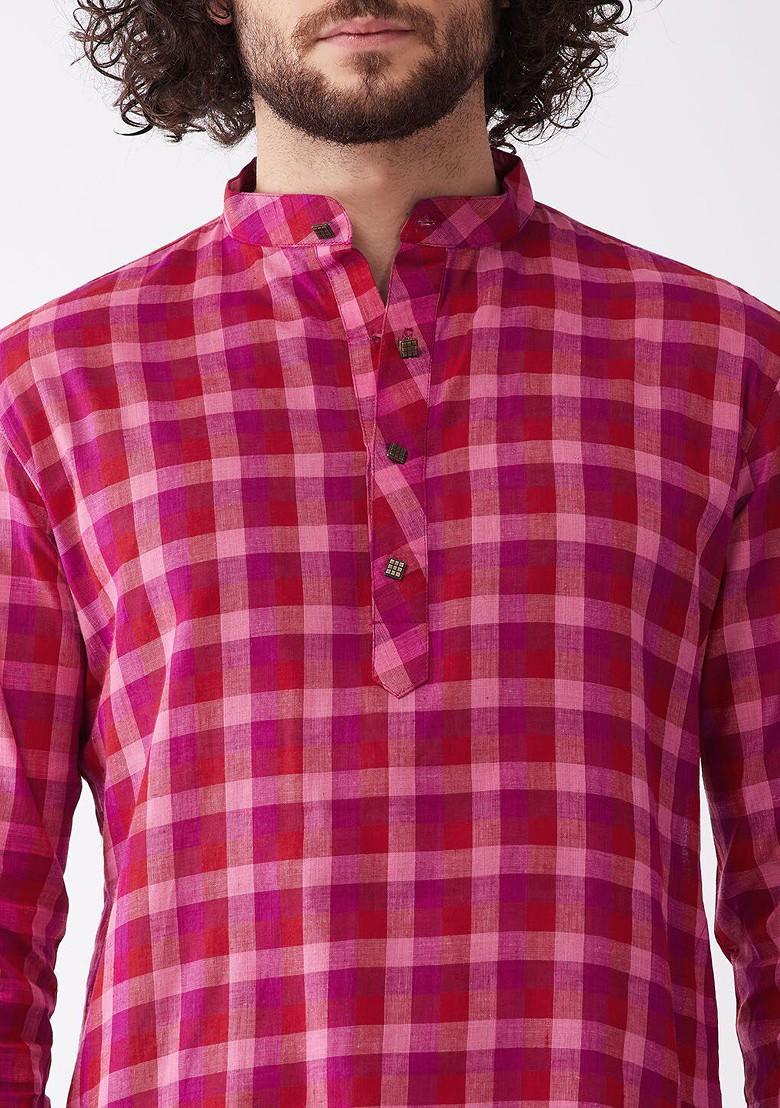 Pink Checked Poly Blend Kurta For Men