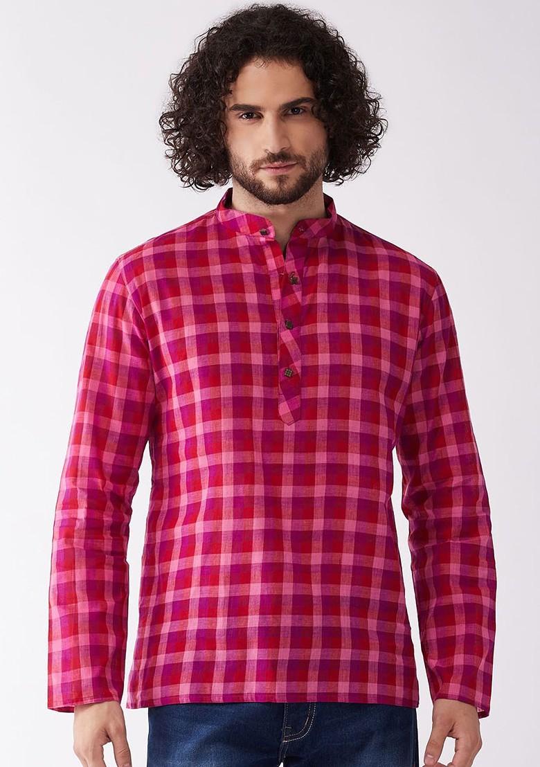 Pink Checked Poly Blend Kurta For Men