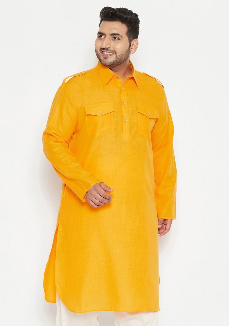Mustard Solid Pathani Kurta For Men