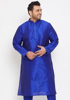 Blue Solid Silk Kurta For Men