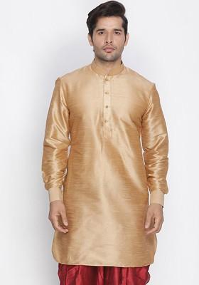 Gold Solid Silk Kurta For Men