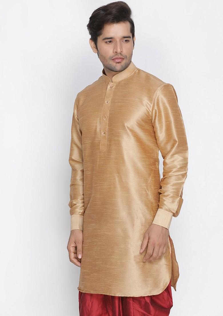 Gold Solid Silk Kurta For Men