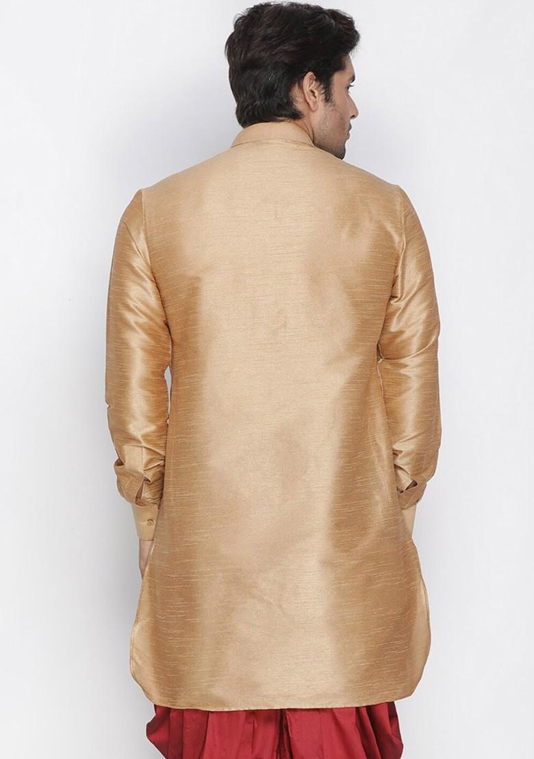 Gold Solid Silk Kurta For Men