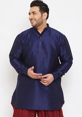 Navy Blue Solid Silk Kurta For Men