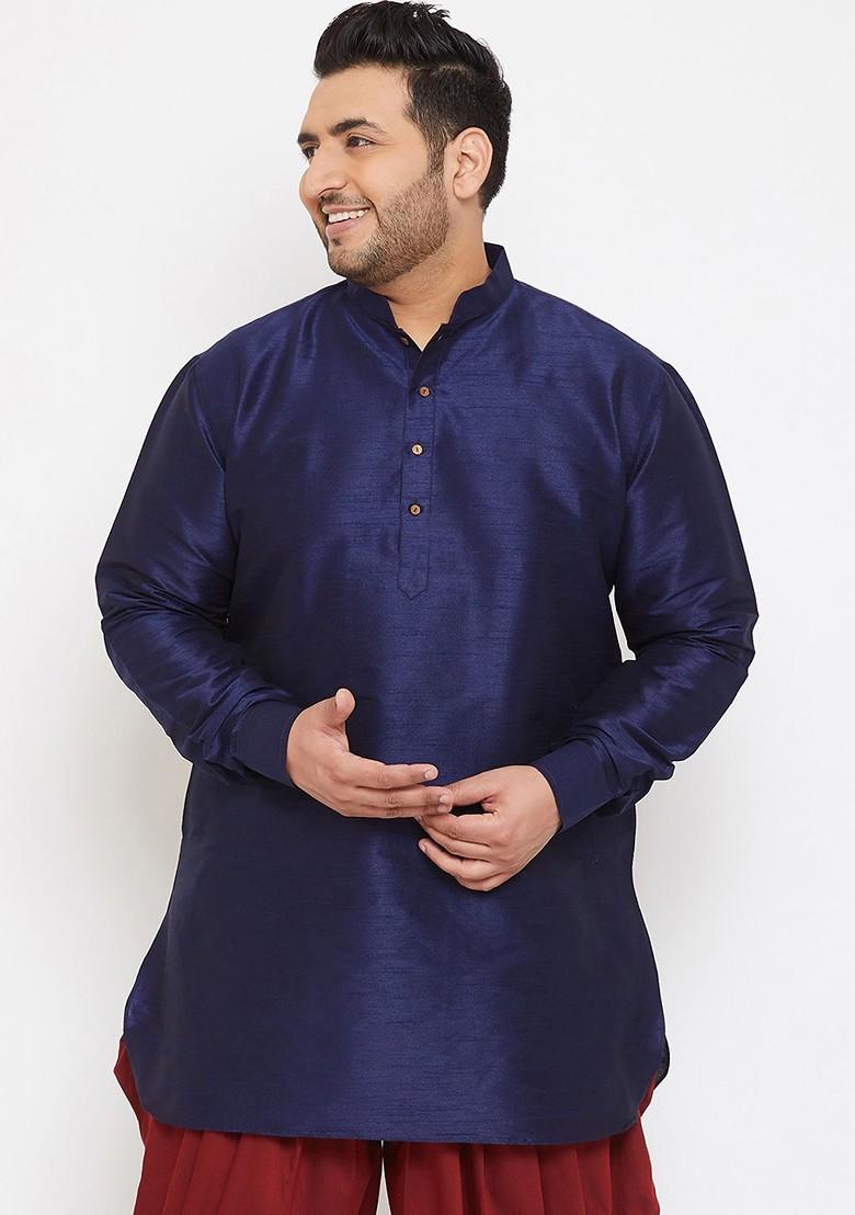 Navy Blue Solid Silk Kurta For Men