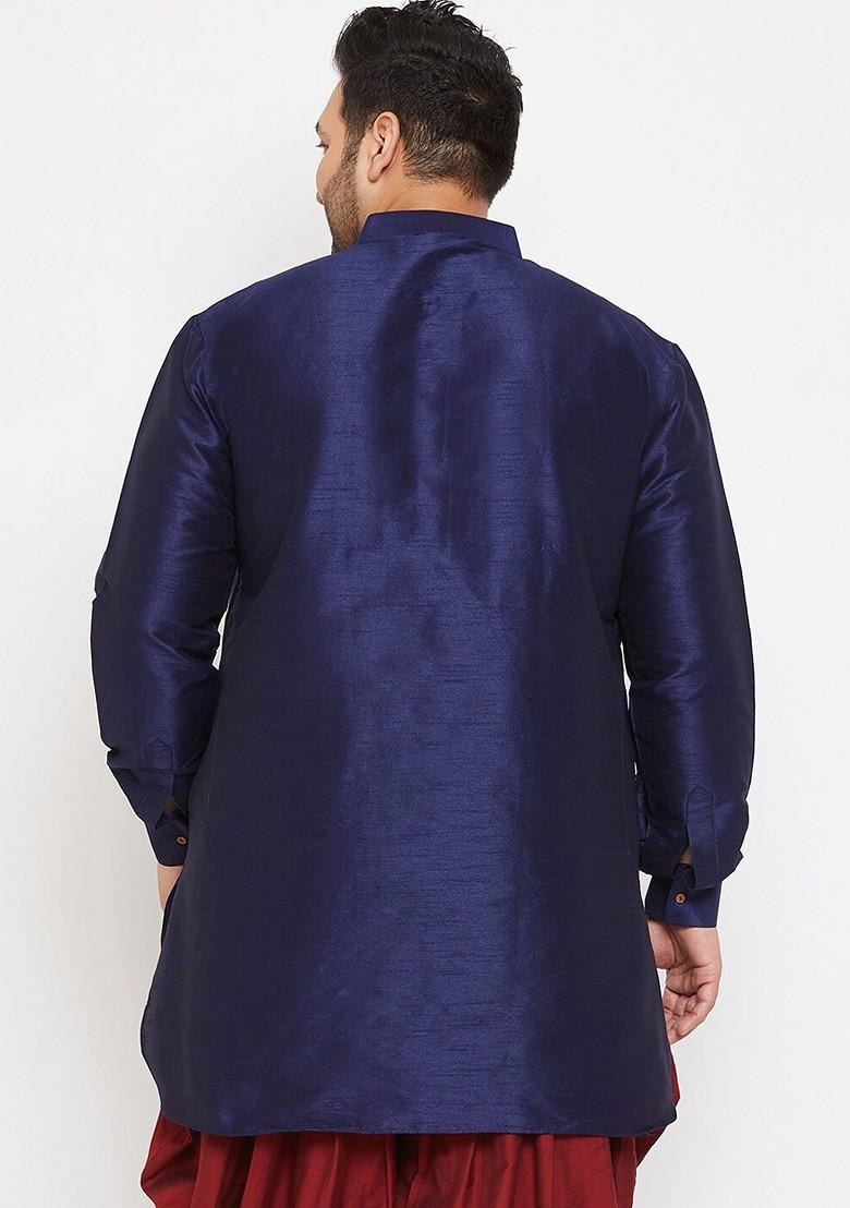 Navy Blue Solid Silk Kurta For Men