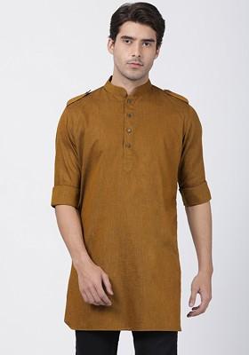 Coffee Brown Thread Work Poly Blend Kurta For Men