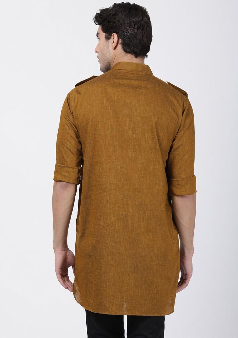 Coffee Brown Thread Work Poly Blend Kurta For Men