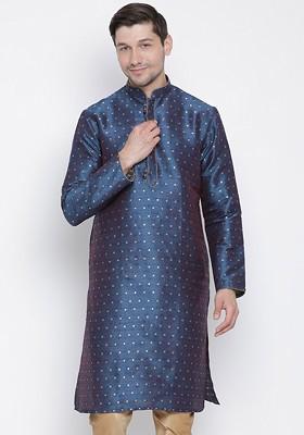 Navy Blue Thread Work Jacquard Kurta For Men