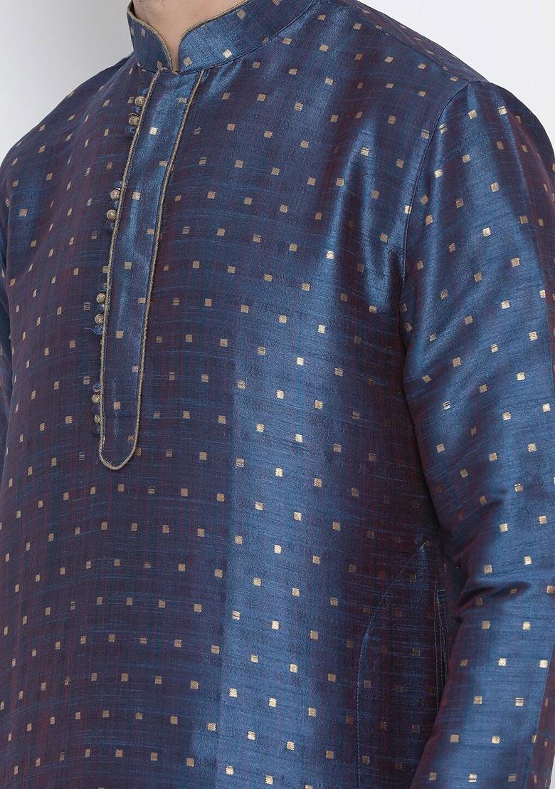 Navy Blue Thread Work Jacquard Kurta For Men