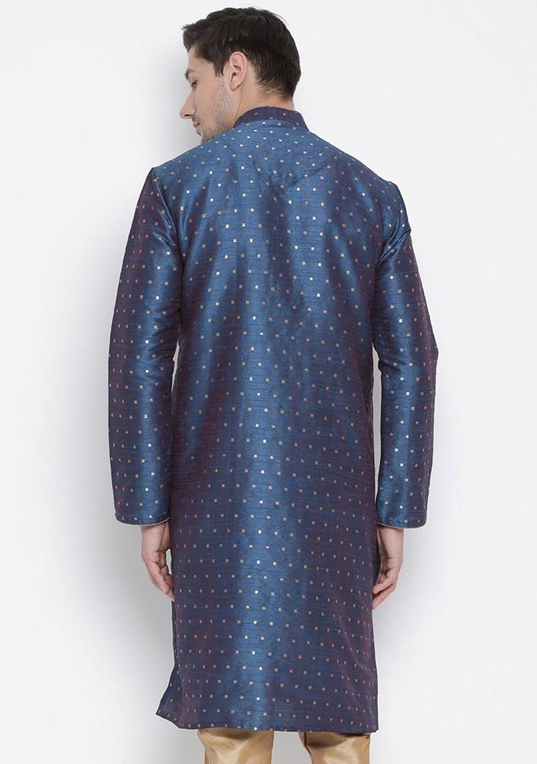 Navy Blue Thread Work Jacquard Kurta For Men