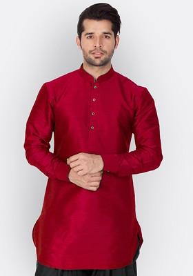 Maroon Solid Poly Blend Kurta For Men
