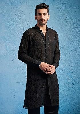 Black Sequin Work Georgette Kurta For Men