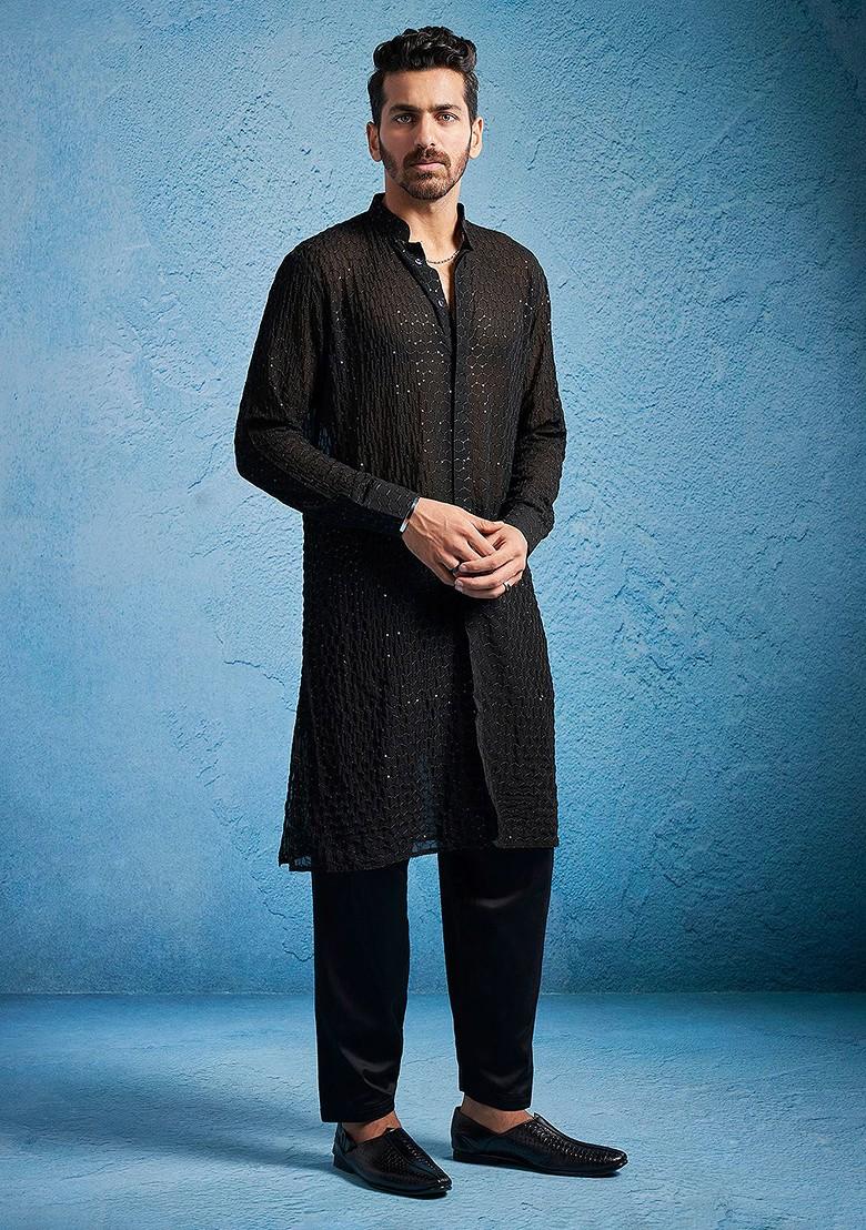 Black Sequin Work Georgette Kurta For Men
