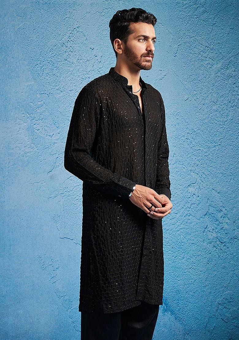 Black Sequin Work Georgette Kurta For Men