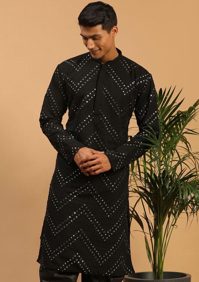 Black Mirror Work Georgette Kurta For Men