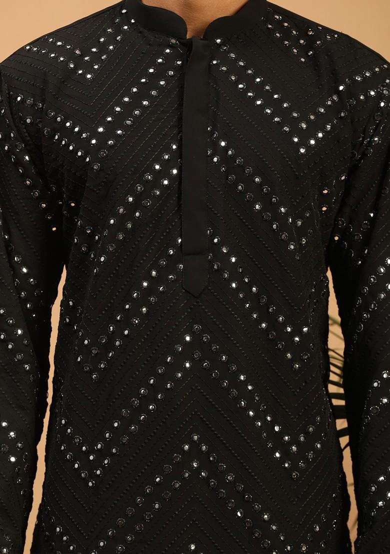 Black Mirror Work Georgette Kurta For Men