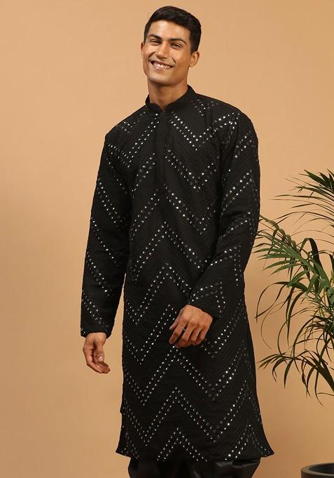 Black Mirror Work Georgette Kurta For Men