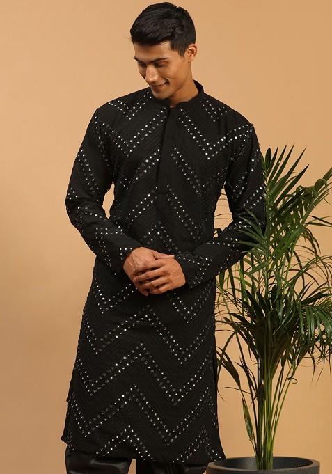 Black Mirror Work Georgette Kurta For Men