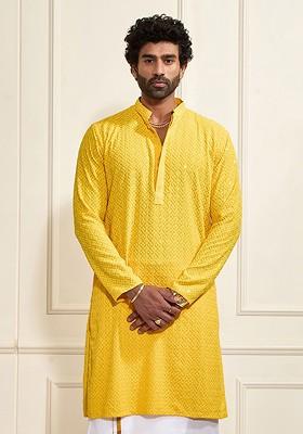 Yellow Embellished Poly Blend Kurta For Men