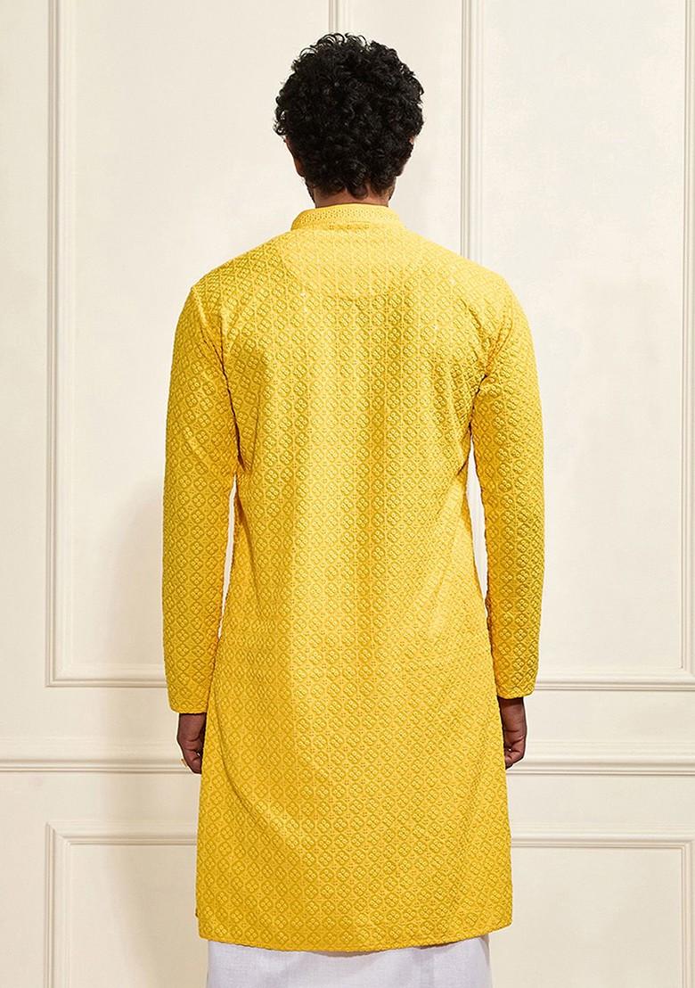 Yellow Embellished Poly Blend Kurta For Men