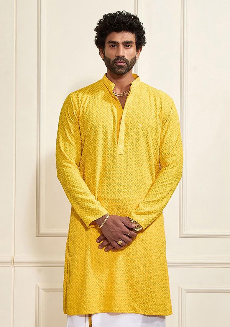 Yellow Embellished Poly Blend Kurta For Men